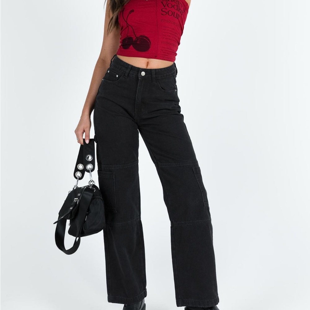 Princess Polly Black Wide Leg Cargo Jeans